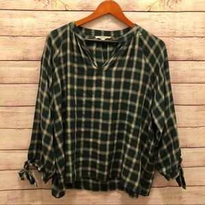 Fun2Fun Green Plaid Tie Bell Sleeve Shirt sz. L